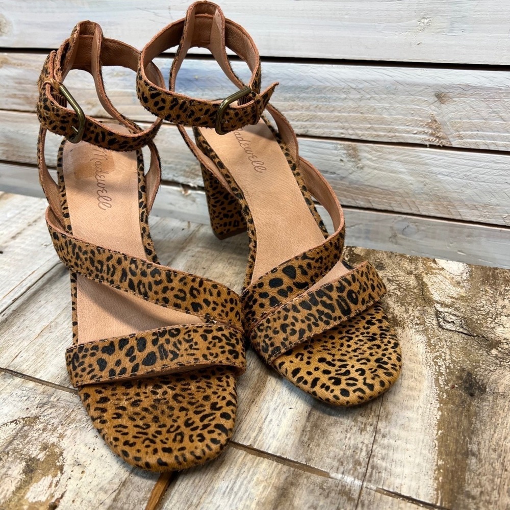 Madewell Leopard Calf Hair Block Heel Ankle Strap Sandals AE248 Size 9.5